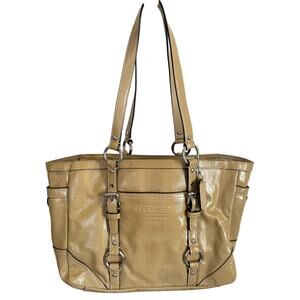 Coach Gallery Patent Leather Tote Bag Tan Camel 10380 Purple Lining